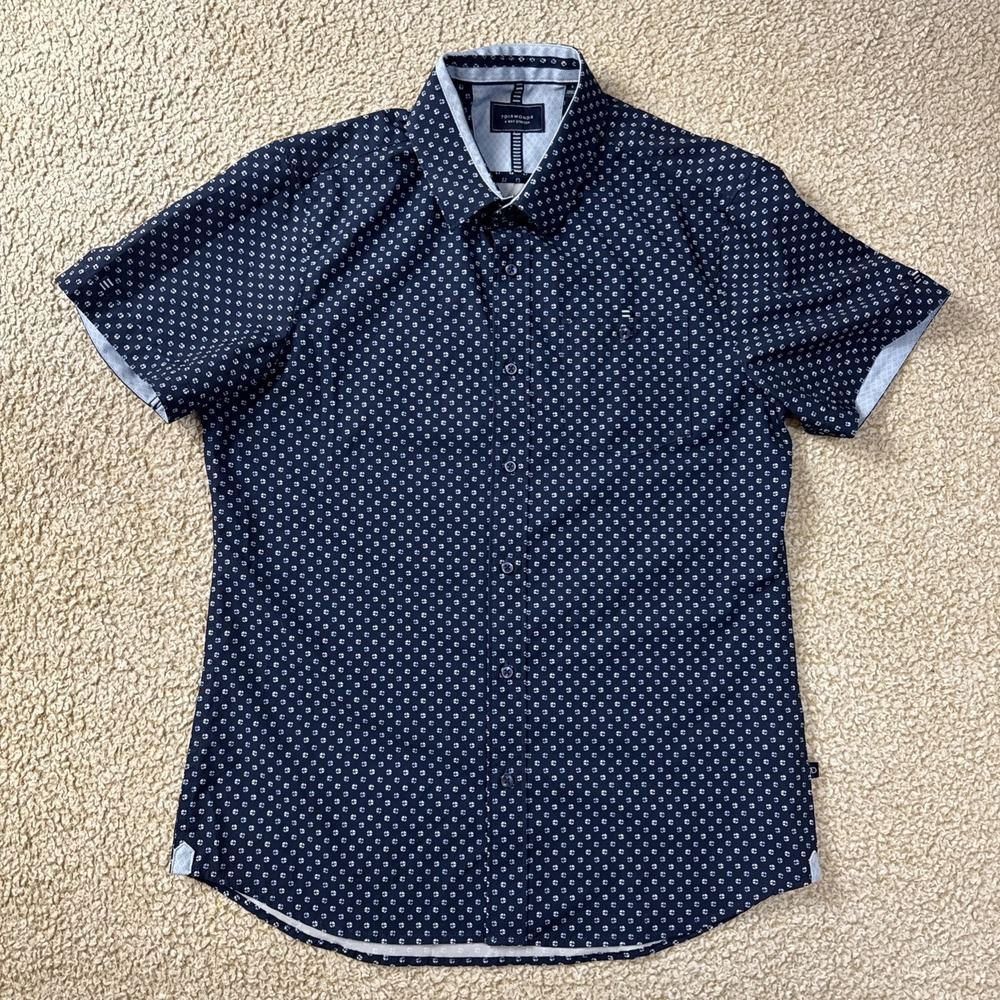 7Diamonds Button‎ Up Shirt Men's Small Navy Blue 4 Way Stretch Short Sleeve